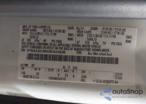 2016 Ford Transit-350 Xlt z USA, uszkodzony, nr VIN 1FBAX2CM0GKA93826